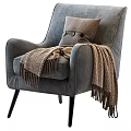 Comfortable Gray Upholstered Single Sofa with Brown Pillow and Cozy Throw Blanket 3d model