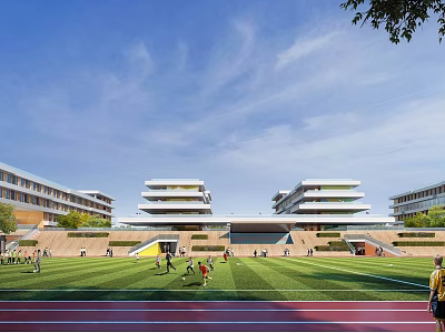 Modern School Building Design With Multi story Structure Green Playground Track And Students Playing 3d model