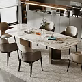Modern Marble Dining Table Set With Six Upholstered Chairs Decorative Vase Fruits And Book