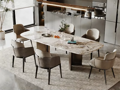 Modern Marble Dining Table Set With Six Upholstered Chairs Decorative Vase Fruits And Book 3d model