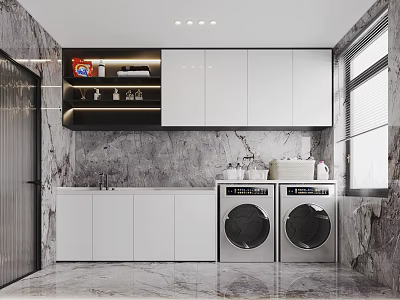 Elegant Modern Laundry Room Interior With Marble Walls White Cabinets And Two Washing Machines 3d model