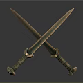 Crossed Ancient Swords With Metallic Shine And Decorative Hilts On Dark Background