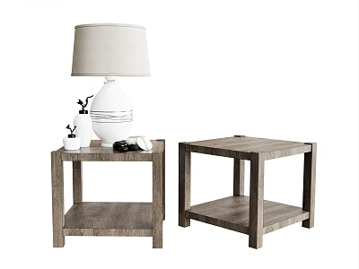 Simple Design Wooden Side Tables Square Shape Lower Shelf with Table Lamp and Decorative Items 3d model