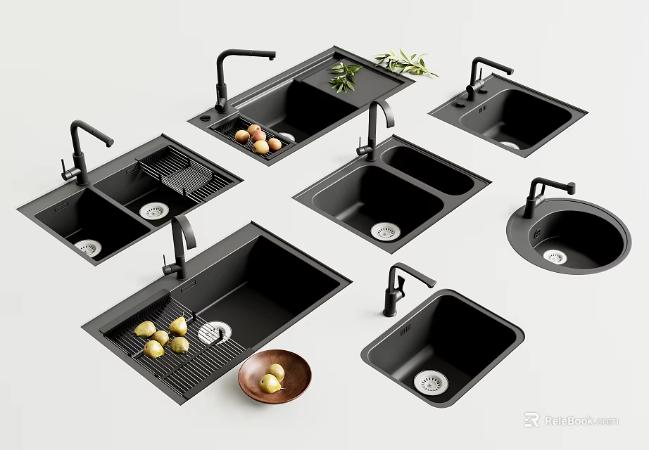 Various Kitchen Sinks Including Single And Double Bowl With Faucets Drainers And Fresh Vegetables 3d model 