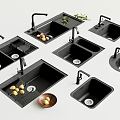 Various Kitchen Sinks Including Single And Double Bowl With Faucets Drainers And Fresh Vegetables