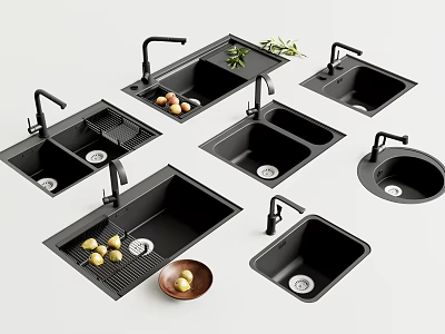 Various Kitchen Sinks Including Single And Double Bowl With Faucets Drainers And Fresh Vegetables 3d model