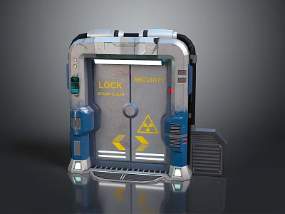 Futuristic Security Door With Metal Frame Lock Panel And Warning Signs 3d model