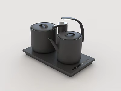 Daily Electrical Appliances Including Black Electric Kettle And Thermal Mug On Heating Plate 3d model