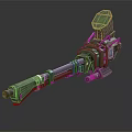 Green and Brown Mechanical Cannon with Long Barrel Metal Parts and Upper Structure