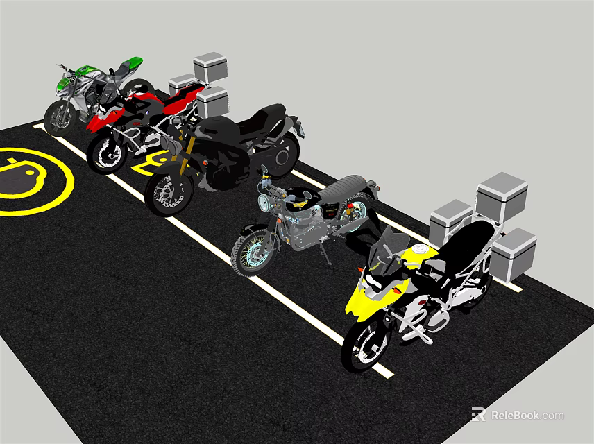 Motorcycles Parked in Designated Parking Area with White Lines and Concrete Blocks 3d model 