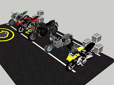 Motorcycles Parked in Designated Parking Area with White Lines and Concrete Blocks 3d model