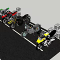 Motorcycles Parked in Designated Parking Area with White Lines and Concrete Blocks