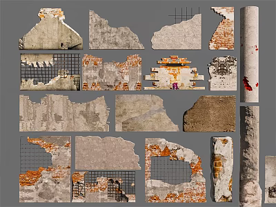 Various Damaged Architectural Construction Components With Brick Wall Fragments And Concrete Textures 3d model