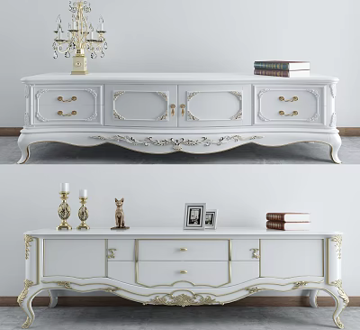 Elegant White TV Stand With Gold Accents Carved Details Drawers And Decorative Top Items 3d model