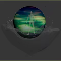 Silver Human Figure Standing On Ice Like Sculpture Base With Glowing Colorful Sphere