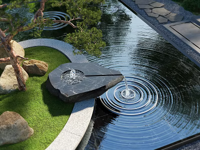 Garden Ornament Water Feature Stone Fountain With Green Grass Tree And Ripples 3d model