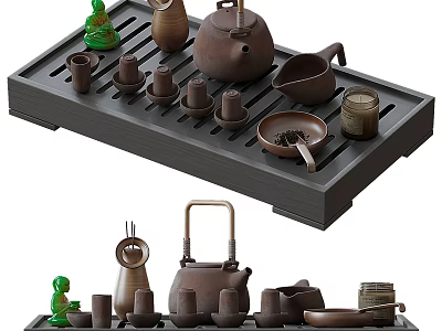 Traditional Chinese Tea Utensils Set With Teapot Teacups Fair Cup Tea Strainer And Wooden Tray 3d model
