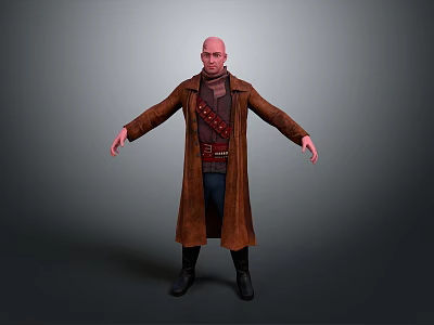 3D Character Model With Bald Head Brown Long Coat Red Belt And Black Boots 3d model