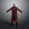 3D Character Model With Bald Head Brown Long Coat Red Belt And Black Boots
