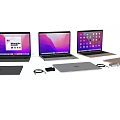 Open And Closed Laptops With Various Screen Displays And Charging Accessories 3d model