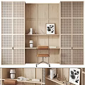 Wooden Bookcase With Rattan Grid Design Small Desk Table Lamp Books And Brown Leather Chair