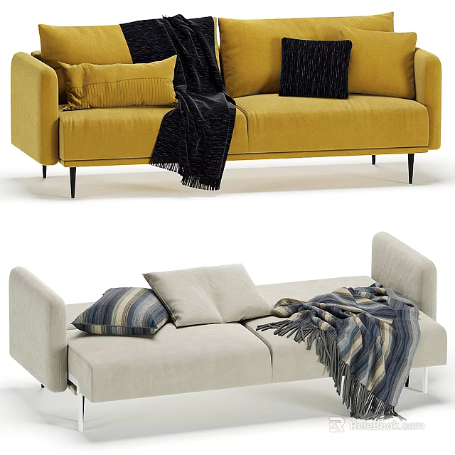 Yellow and Light Gray Sectional Sofas with Cozy Throw Pillows and Blankets in Living Room 3d model 