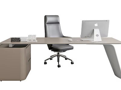 Modern Office Desk Setup With Gray Leather Chair Apple Monitor And Keyboard 3d model