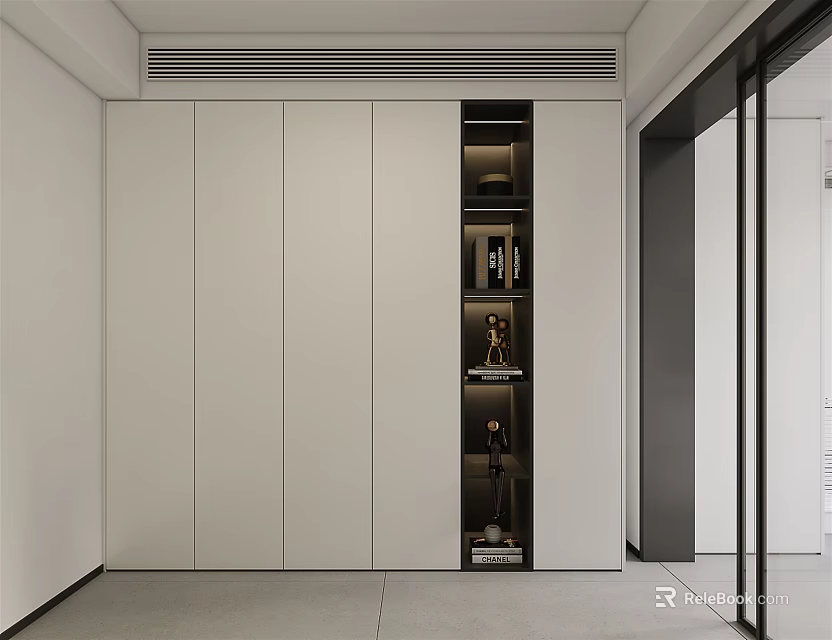 Modern Interior Design With White Cabinetry And Glass Display Shelf 3d model 