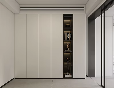 Modern Interior Design With White Cabinetry And Glass Display Shelf 3d model