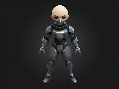 3D Robot With Silver Metallic Armor Bald Head Large Eyes Standing Pose On Black Background 3d model