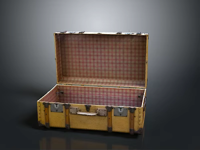 Vintage Yellow Suitcase With Open Lid Red Checkered Lining And Metal Hardware 3d model