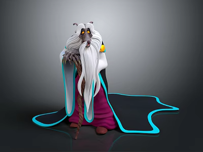 Fantasy Wizard Character With Long White Beard And Blue Trimmed Robe Holding Staff 3d model