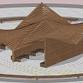Modern Wooden Pergola With Geometric Sloped Roofs And Platform Seating Area
