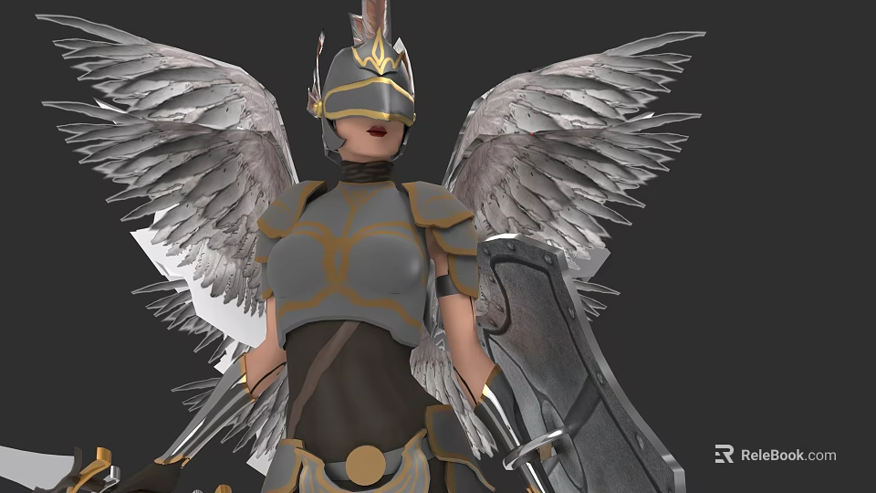 Warrior Character With Feathered Wings Gold Gray Armor And Shield 3d model 