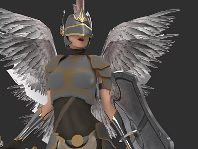 Warrior Character With Feathered Wings Gold Gray Armor And Shield 3d model
