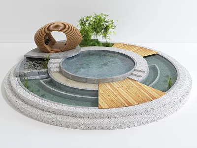 Serene Garden Courtyard Featuring Circular Water Pool Woven Dome Wooden Walkway Stone Steps and Greenery 3d model