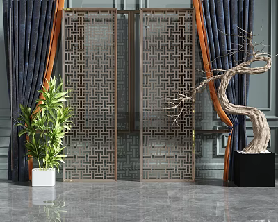 Dark Curtains In Modern Interior With Geometric Pattern Screen Potted Green Plant And Decorative Branch 3d model