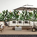 Outdoor Sofa Set With Wooden Deck Umbrella Green Plants And Coffee Table