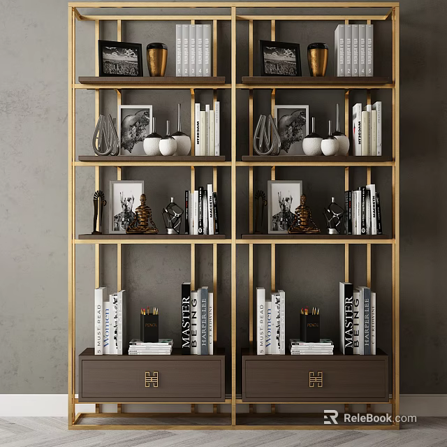 Golden Frame Bookcase with Multiple Compartments Books Decorative Items and Gold Pattern Bottom Drawers 3d model 