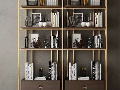 Golden Frame Bookcase with Multiple Compartments Books Decorative Items and Gold Pattern Bottom Drawers 3d model
