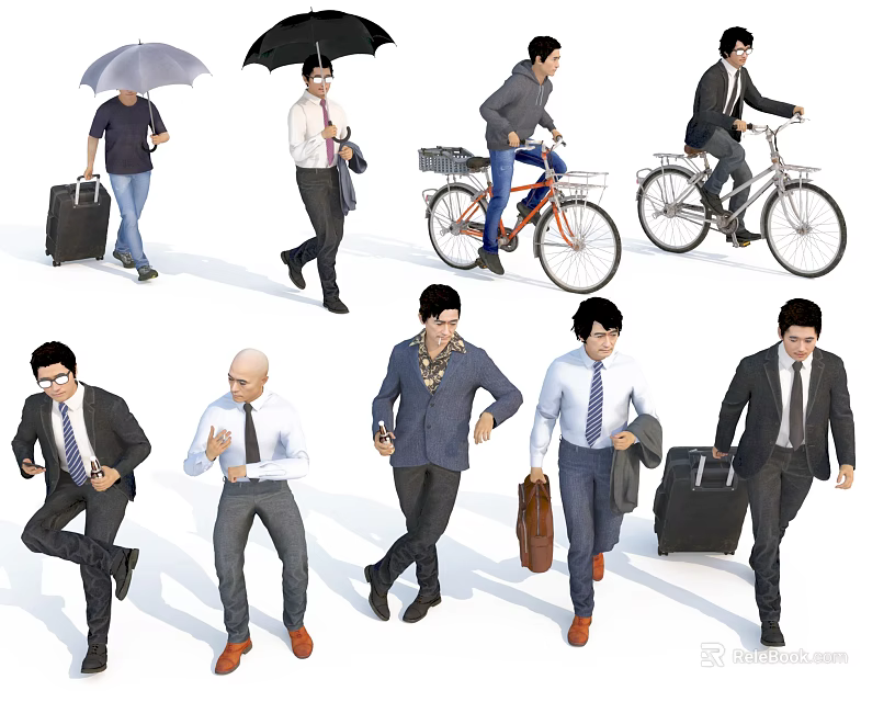 Group of People in Suits Walking Riding Bicycles With Umbrellas And Briefcases 3d model 