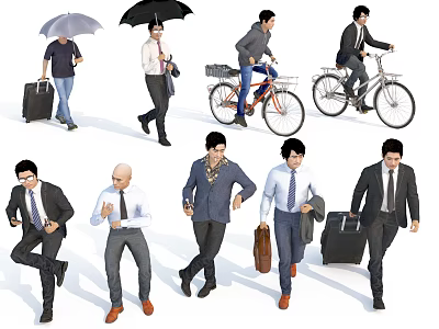 Group of People in Suits Walking Riding Bicycles With Umbrellas And Briefcases 3d model