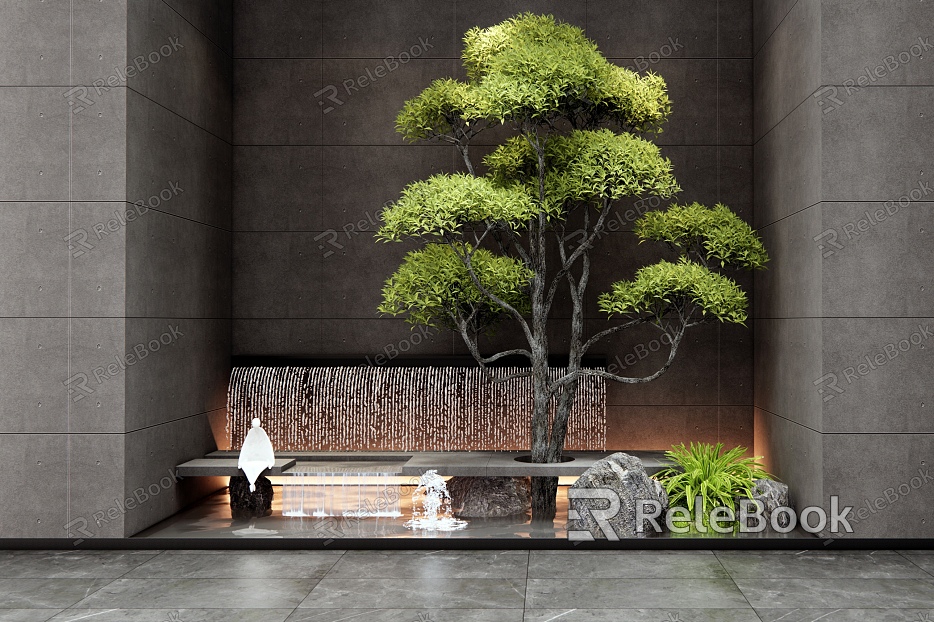 Modern indoor waterscape falling water landscape indoor plant landscaping stone landscape tree tree waterscape wall model