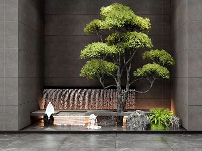 Contemporary Landscape Wall Design With Waterfall Green Tree Stone And Ambient Lighting 3d model