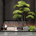 Contemporary Landscape Wall Design With Waterfall Green Tree Stone And Ambient Lighting