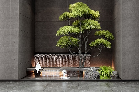 Modern indoor waterscape falling water landscape indoor plant landscaping stone landscape tree waterscape wall 3d model