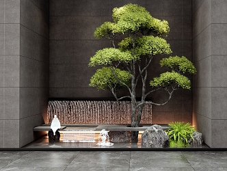 Modern indoor waterscape falling water landscape indoor plant landscaping stone landscape tree waterscape wall 3d model