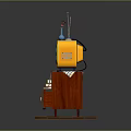 Vintage Yellow TV On Red Cabinet With Books Colored Pencils And Checkered Cloth