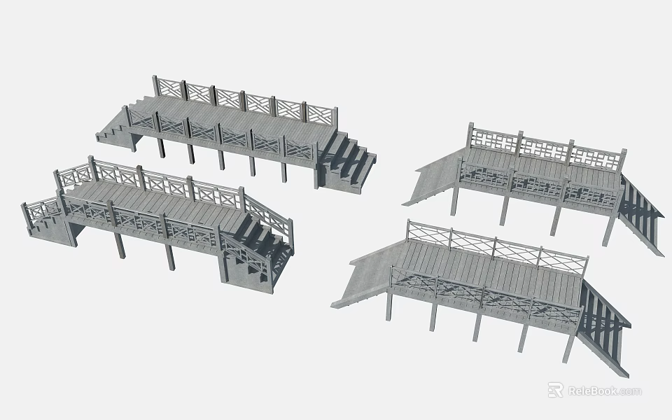 Various Wooden Bridge Designs Featuring Railings Steps Platforms And Outdoor Structures 3d model
