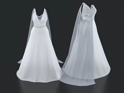 Elegant White Wedding Dresses With V Neckline And Sheer Floor Length Veil 3d model